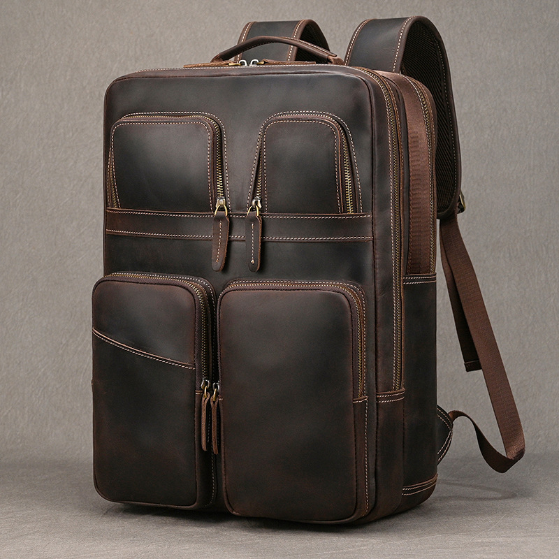 High-end men's genuine leather backpack, crazy horse leather, large capacity, multi-layer, 16inch laptop bag, student commuter school bag
