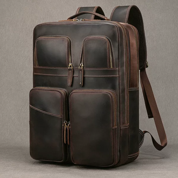 High-end men's genuine leather backpack, crazy horse leather, large capacity, multi-layer, 16inch laptop bag, student commuter school bag