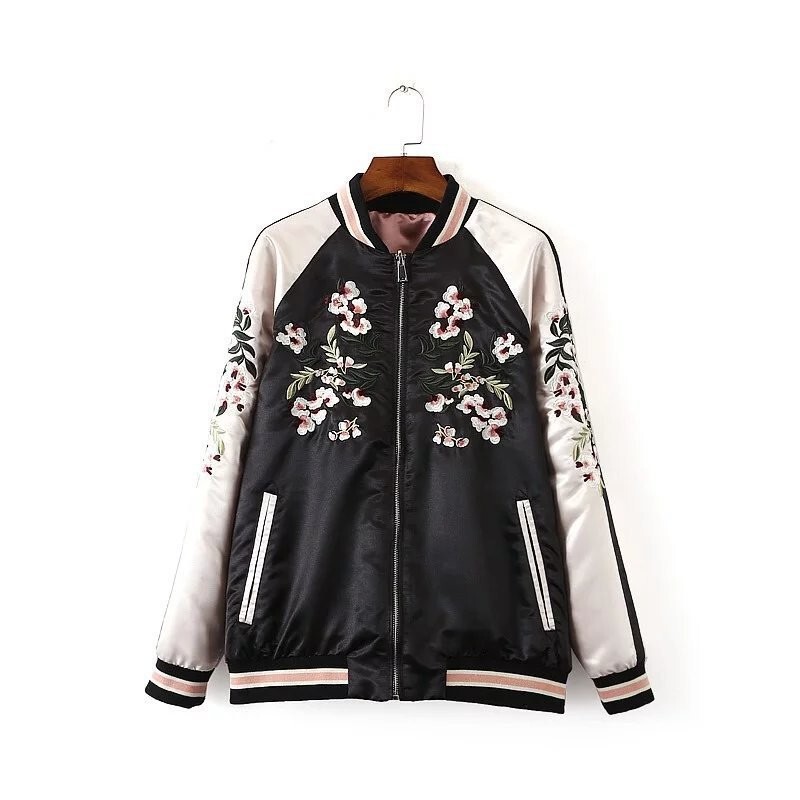 European and American Style Spring & Fall Women's Casual Reversible Flower Embroider Color Block Stand Collar Jacket Baseball Uniform Jacket for Women European and American Style Spring & Fall Women's Casual Reversible Flower Embroider Color Block Stand Collar Jacket Baseball Uniform Jacket for Women