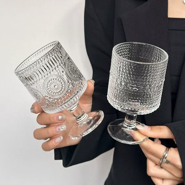 Vertical Stripesd Short Cup Retro Ins Style Sunflower Embossed Glass High-Value Fruit Wine Cup Beverage Juice Cup