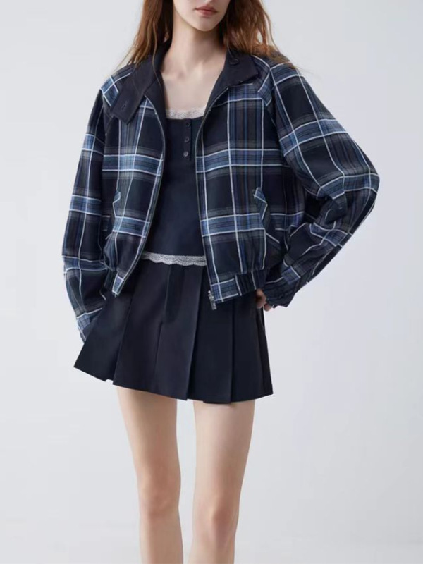 藏青色格纹两面穿短外套女2025秋季新款休闲宽松设计感上衣|undefined