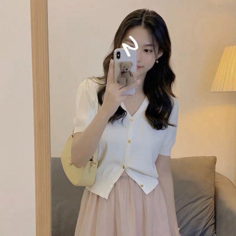 Summer white French style puff sleeve short sleeve knitted cardigan women's slimming unique chic waist-tight T-shirt women's top fashion