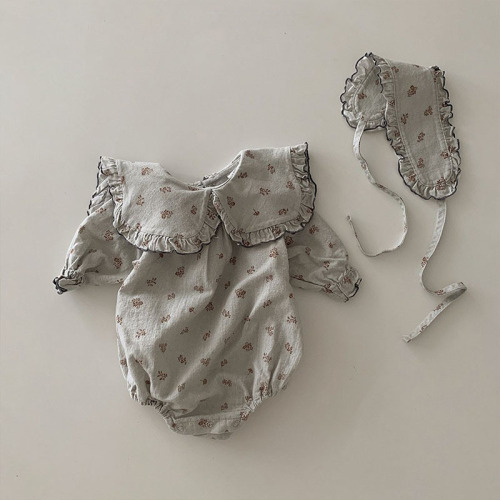 Korean version of ins spring and autumn new floral doll collar long-sleeved harem baby cotton cute trendy climbing clothes with hair hoops