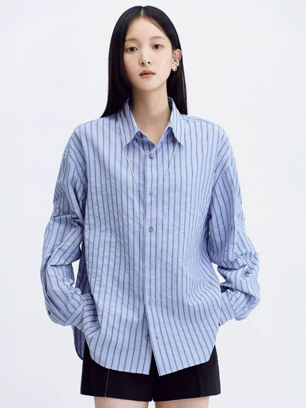 瀚柯初秋新品 宽松廓形长袖条纹衬衫气质通勤休闲显瘦上衣|undefined