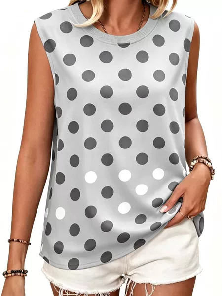 European and American women's polka dot round neck vest, loose sleeveless pullover top, polka dot print casual outerwear vest
