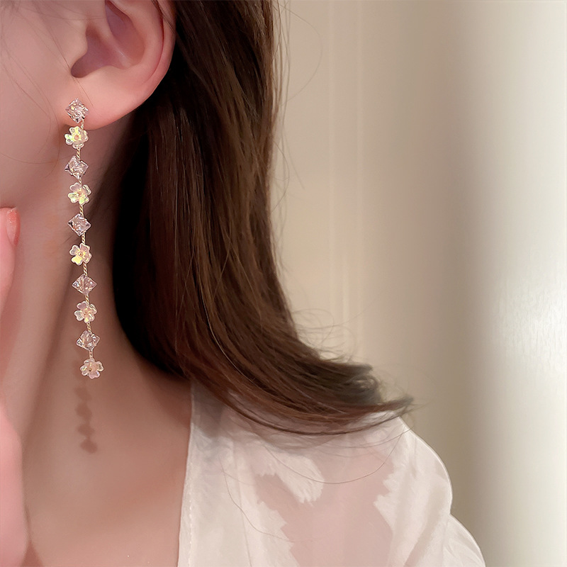 Fashion Flower Arylic Copper Earrings Tassel Zircon Copper Earrings