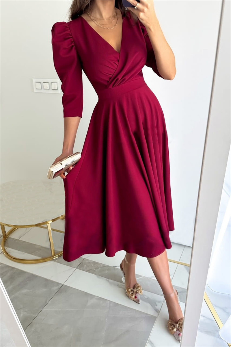 Wholesale Women's Casual Elegant Pleated Solid Color Holiday Daily V Neck 3/4 Length Sleeve Sheath Dress display picture 5