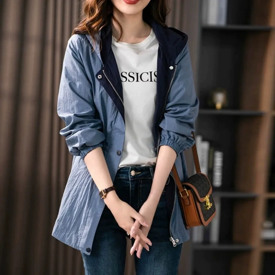 Длинная куртка для отдыха с капюшоном, осеннее trench coat, бретель, длина до середины, корейский стиль