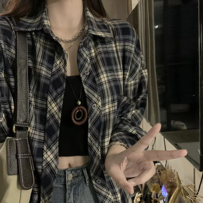 Plaid Shirt Jacket for Women, Summer Long-Sleeve Casual Draped Shirt with a Unique Design, Niche Spring and Autumn Top with a Wavy Collar Plaid Shirt Jacket for Women, Summer Long-Sleeve Casual Draped Shirt with a Unique Design, Niche Spring and Autumn Top with a Wavy Collar