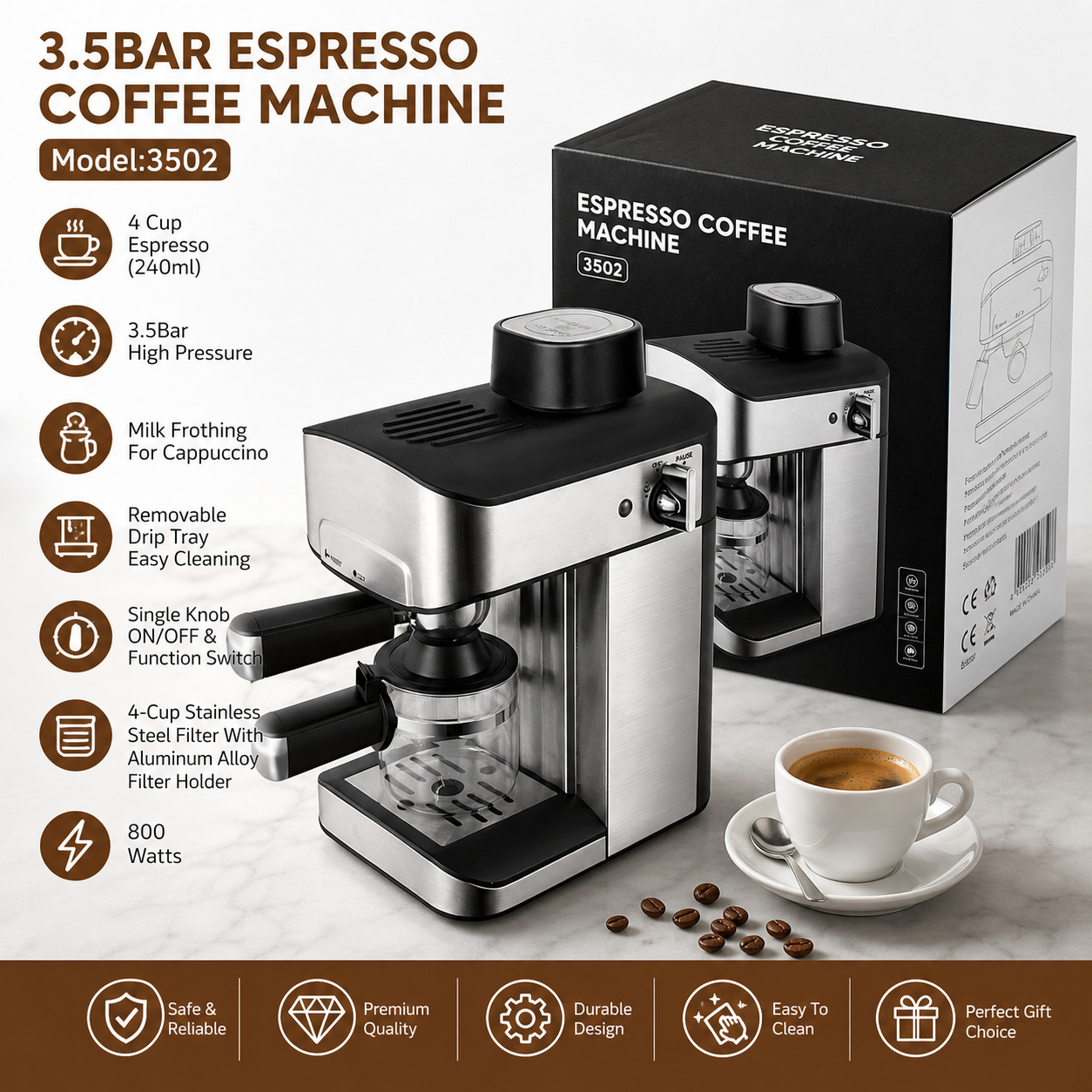 3.5Bar máquina de café de vapor italiana Eurocontrol de perilla transfronteriza con bomba de burbujas de leche tipo de presión doméstica