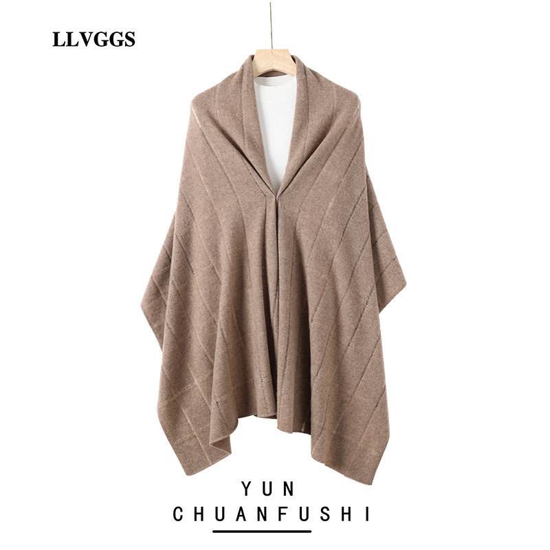 Llvggs New Cashmere Shawl Cardigan Women's Autumn and Winter Pure Color Knitted Outer Top Loose Cape Sweater Jacket