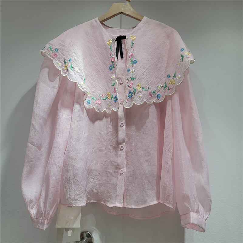 Conjunto de 2 Piezas de Camisa con Cuello Bebé para Mujer de Poliéster con Bordado Floral para Verano image 4