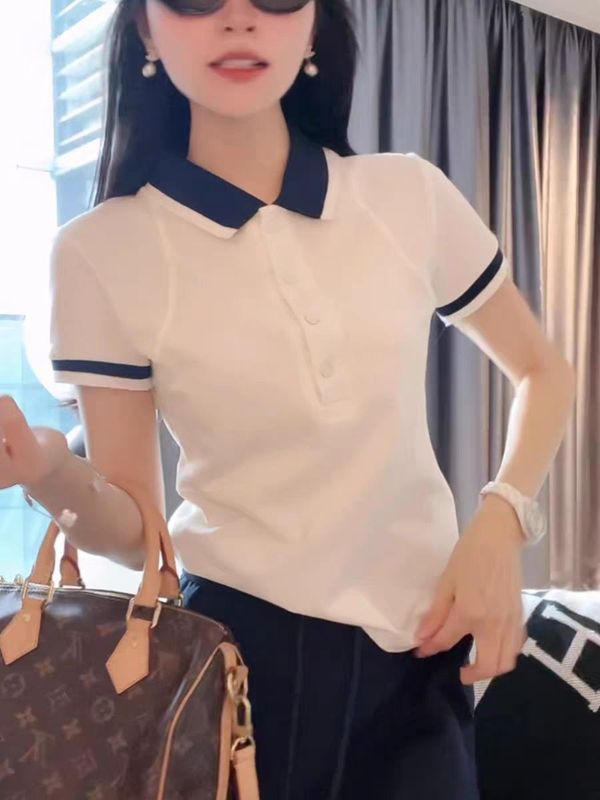 アカデミック風poloシャツ折り襟半袖tシャツレディース夏2025年新作白コート高級感プラスショルダー|undefined