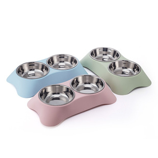 Factory direct pet double bowl frosted eating and drinking dual-purpose dog basin stainless steel removable cat bowl black chin cat basin