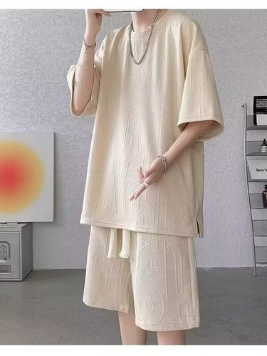 Heavy short-sleeved casual sports suit for men, thin summer wear, loose quarter pants, two-piece waffle suit