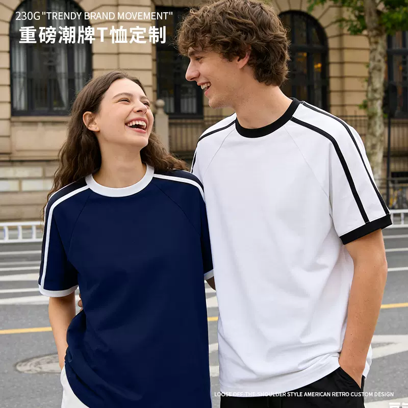 三条杠潮流半袖男士衣服欧美街头跨境tshirt衫men重磅短袖t恤定制