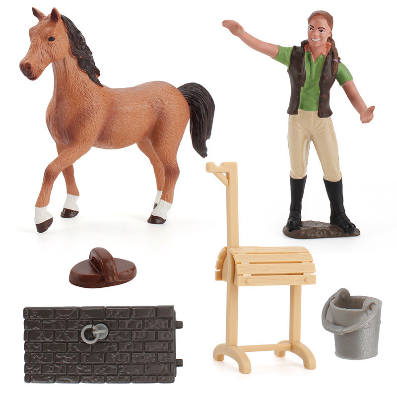 Simulación modelo de ganadería de aves de corral y animales estático sólido pastor de ovejas, caballos y cerdos combinación de trabajo conjunto de casa de perro y conejo