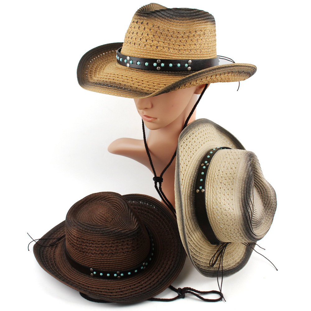 Ventas transfronterizas calientes masculinas y masculinas neutras sombrero de paja vaquero occidental sombrero de sol transpirable al aire libre con decoración de cinturón