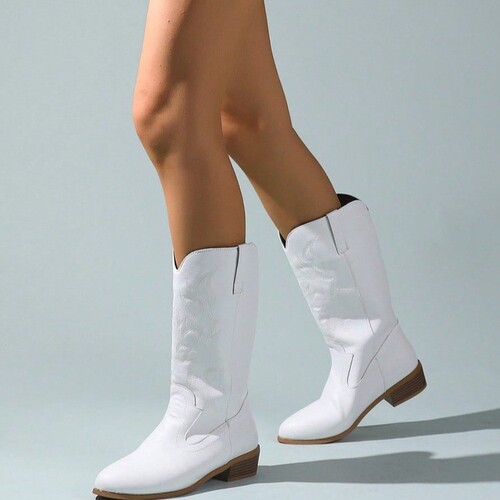  Cross-border Mid-Calf Embroidered Martin Boots for Women, Ethnic-style Fashion Boots for Ladies, Embroidered Chunky-Heel Long Boots for Women