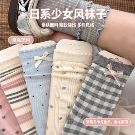 【薄款透气小腿袜子】女日系芭蕾风波点蝴蝶结堆堆袜miu系jk棉袜