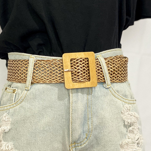 Women's simple ins style wooden buckle retro woven belt Korean style fashion dress decorative belt women's girdle