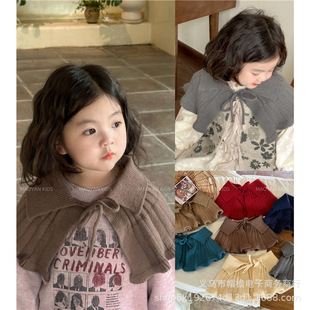 Korean Style Retro Children's Knitted Shawl Western Style Ruffled Girls' Autumn Wear Solid Color Wool Warm Small Poncho