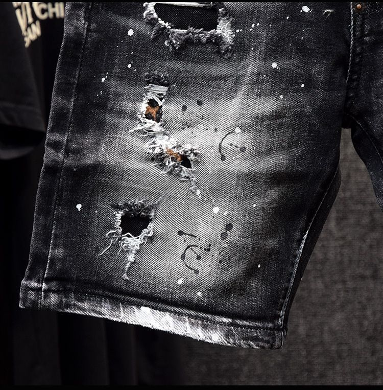 Men's Slim Fit Denim Shorts Trendy Stylish Spray Paint Ripped Patched Black Stretch Summer Five Point Pant_mkmklike.com