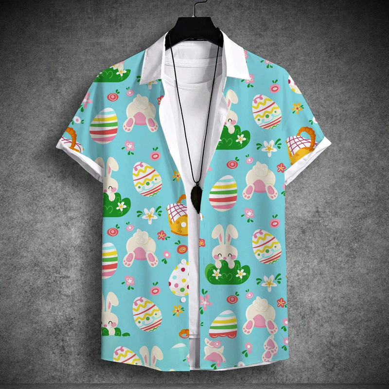 Cross-Border Independent Site Easter Bunny Egg Print Men's Casual Versatile Collared Short-Sleeve Shirt Factory Wholesale Cross-Border Independent Site Easter Bunny Egg Print Men's Casual Versatile Collared Short-Sleeve Shirt Factory Wholesale