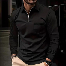 2024 跨境欧美男装大码男式薄纯色长袖 POLO衫翻领拉链修身上衣