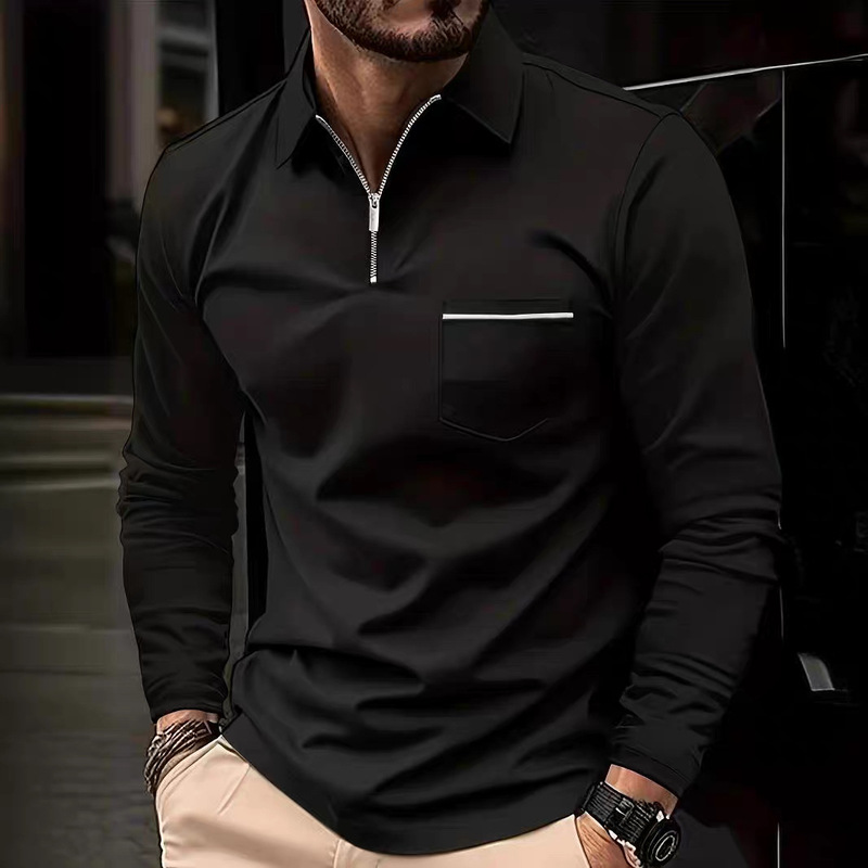 2024 Cross-Border European and American Men's Large Size Men's Thin Solid Color Long Sleeve Polo Shirt Lapel Zipper Slim Top