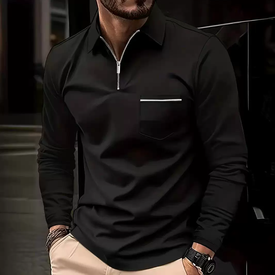 2024 跨境欧美男装大码男式薄纯色长袖 POLO衫翻领拉链修身上衣