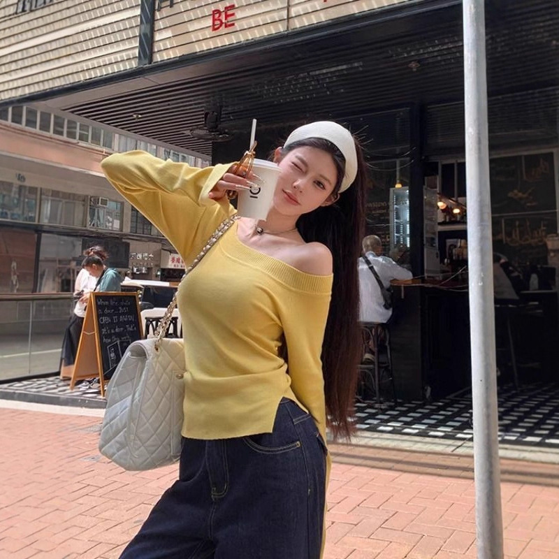 灰色长袖斜肩针织打底衫女装春季内搭露肩毛衣chic甜辣妹修身上衣|undefined