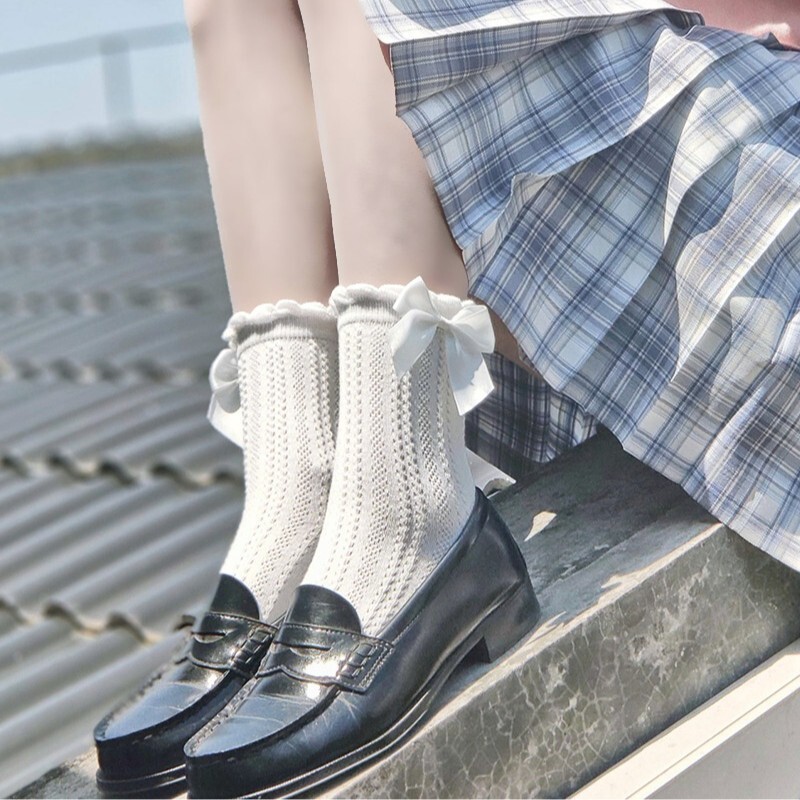 Japanese-Style Jk Uniform Mid-Calf Socks Lolita Swallowtail Bow Mesh Socks Cotton Socks Lolita Socks for Girls