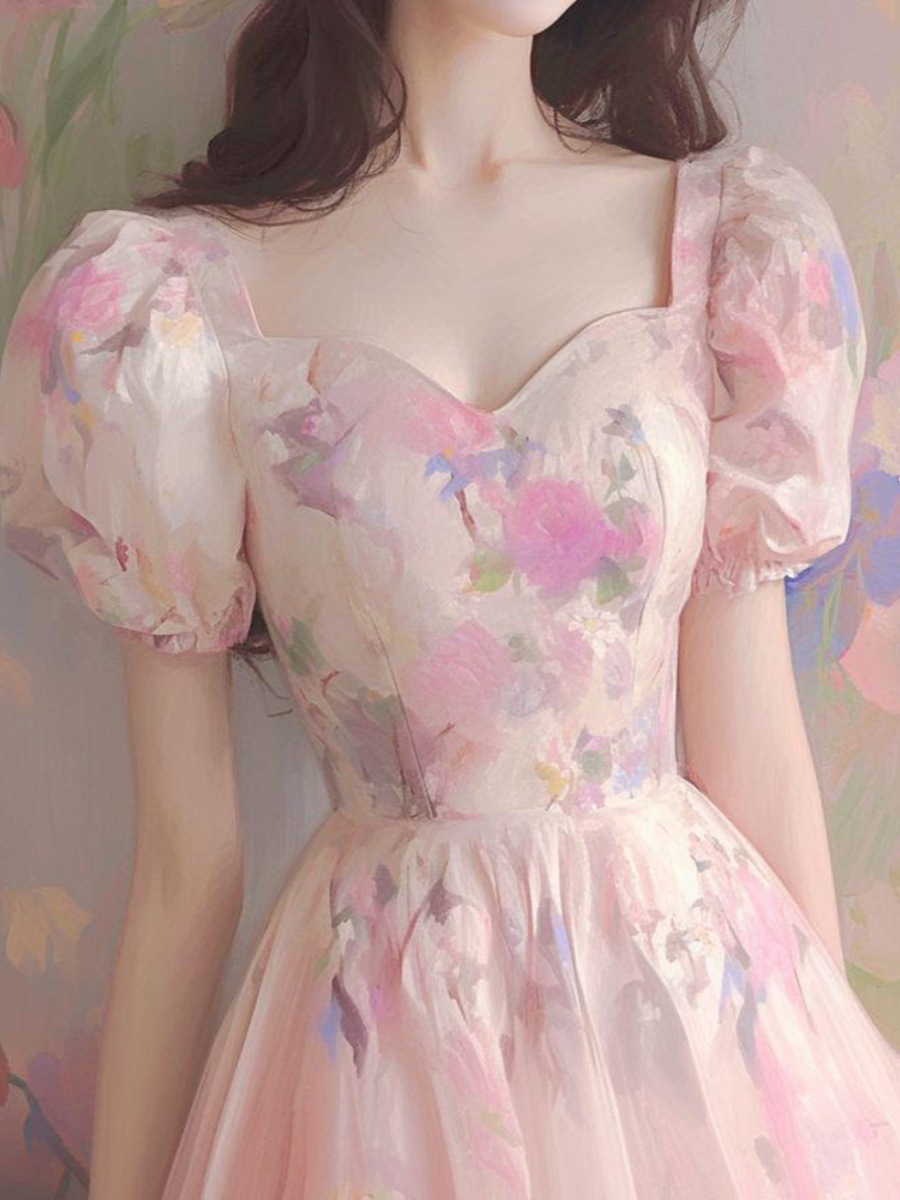 Đầm maxi nữ thắt eo phong cách Hepburn kiểu Pháp họa tiết hoa hồng cổ điển lãng mạn — Màu hồng chi tiết 7