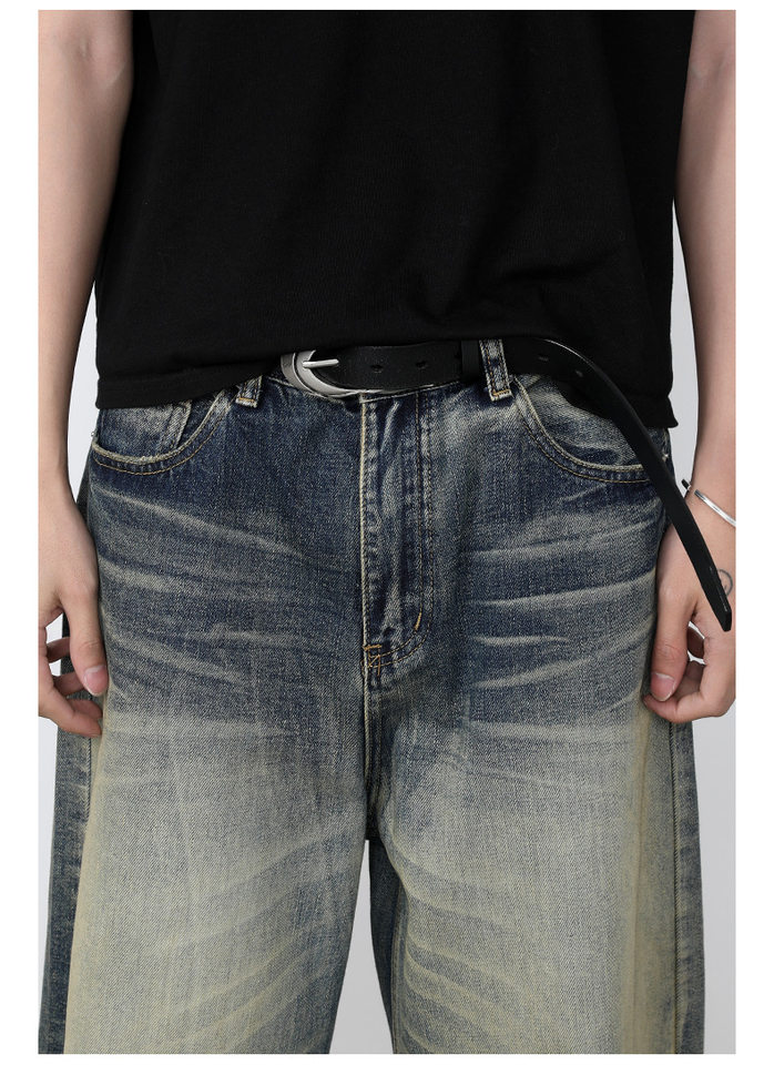 Quần jeans nam dáng rộng ống đứng phong cách retro Mỹ, giặt mài làm cũ — Màu xanh dương chi tiết 18
