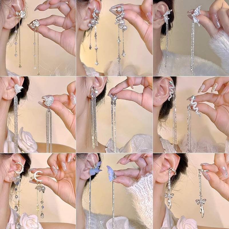 Diseño de nicho de alta gama borla larga sin orejas clip de oreja elegante estilo occidental de las mujeres cara-mirando pequeños nuevos pendientes de moda