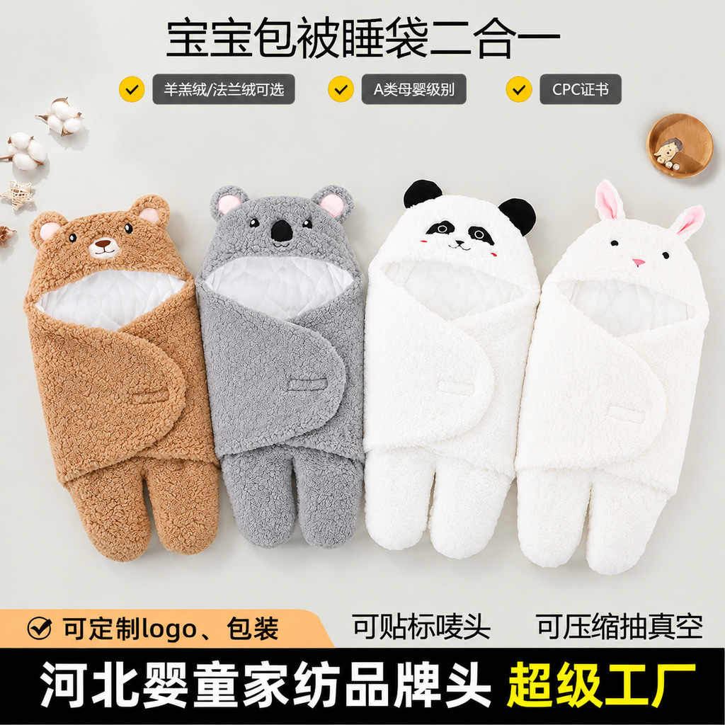 Cross-Border Baby Swaddle Blanket, Winter Newborn Swaddle Wrap, Baby Blanket for Outings, Thickened Cartoon Sleeping Bag