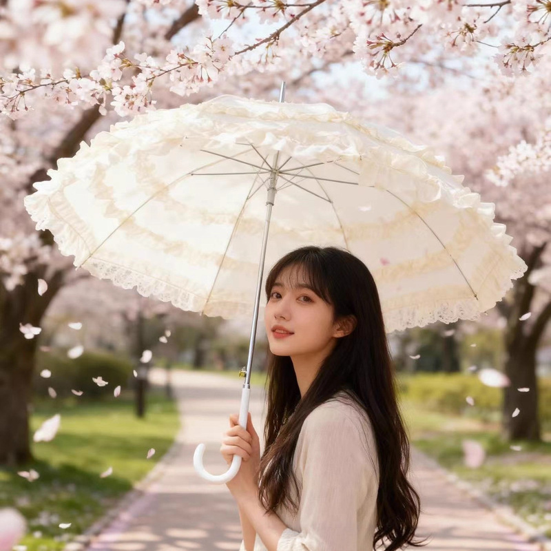 Cross-Border Hot-Selling Lolita Umbrella, European-Style Princess Style Sun Protection and Rain Umbrella, Straight Pole, Three-Circle Lace Embroidered Small Umbrella