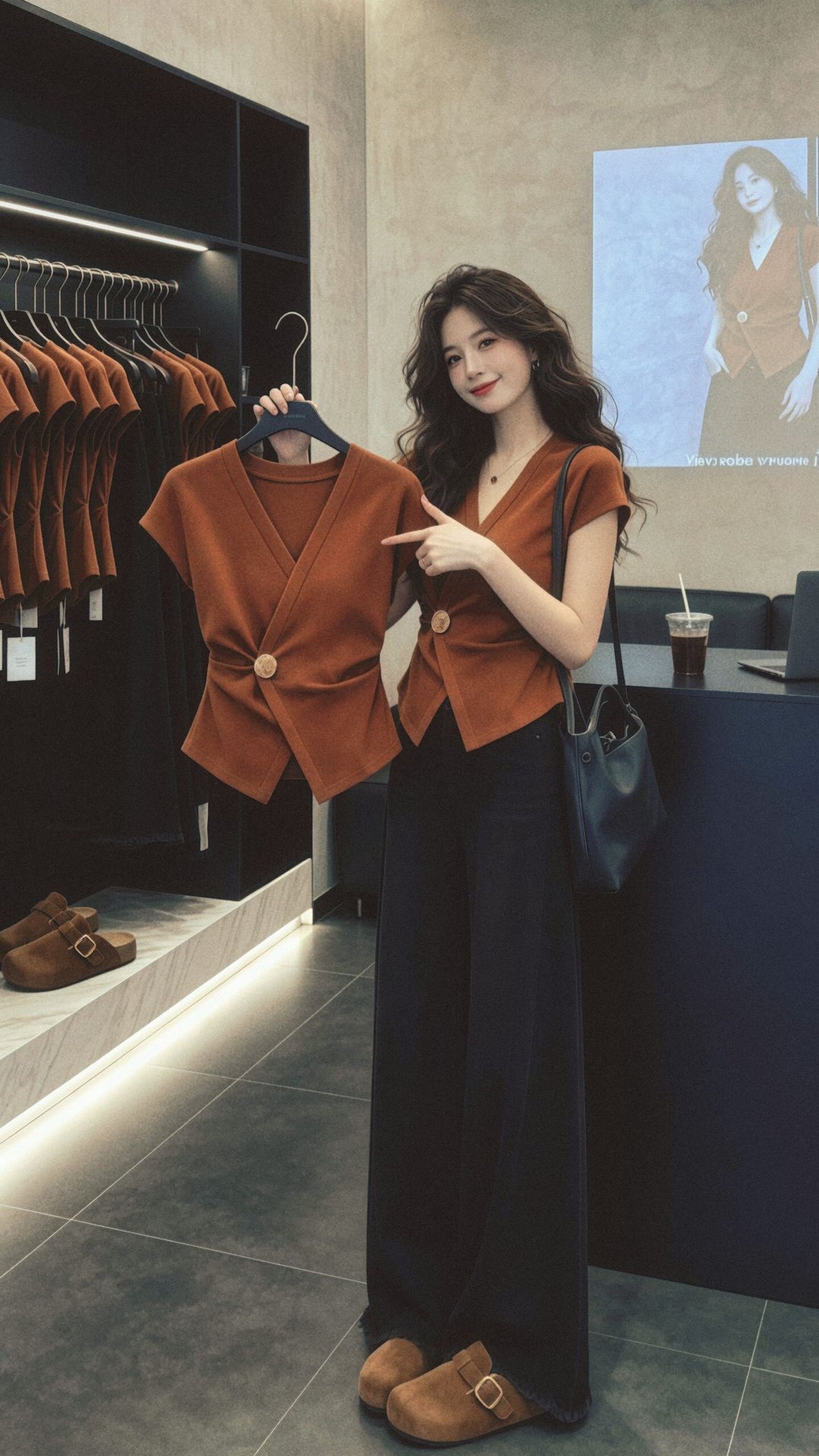 Áo thun nữ cổ chữ V tay ngắn, thiết kế thắt eo tôn dáng, phong cách cao cấp mùa hè — màu đen chi tiết 1