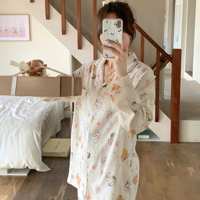 국경 간 2024 새로운 봄, 가을 잠옷 여성 긴팔 바지 가디건 클라우드 코튼 가정 의류 세트 외부 착용 가능