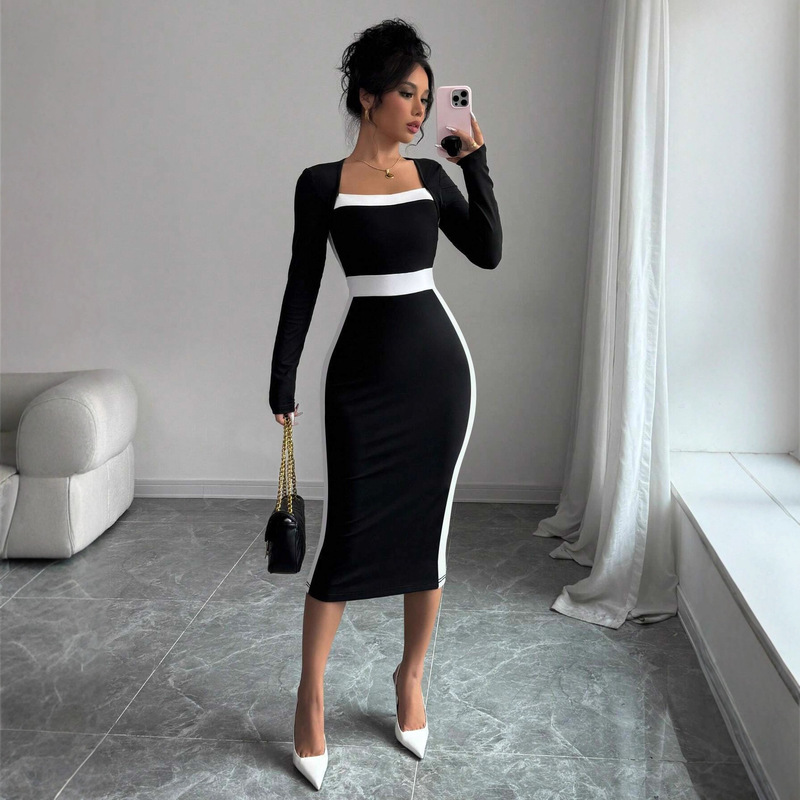 Temu's New Amazon Cross-Border European and American Fashion Color-Blocking Mid-Length Dress, Sexy Bodycon Long-Sleeve Dress Temu's New Amazon Cross-Border European and American Fashion Color-Blocking Mid-Length Dress, Sexy Bodycon Long-Sleeve Dress