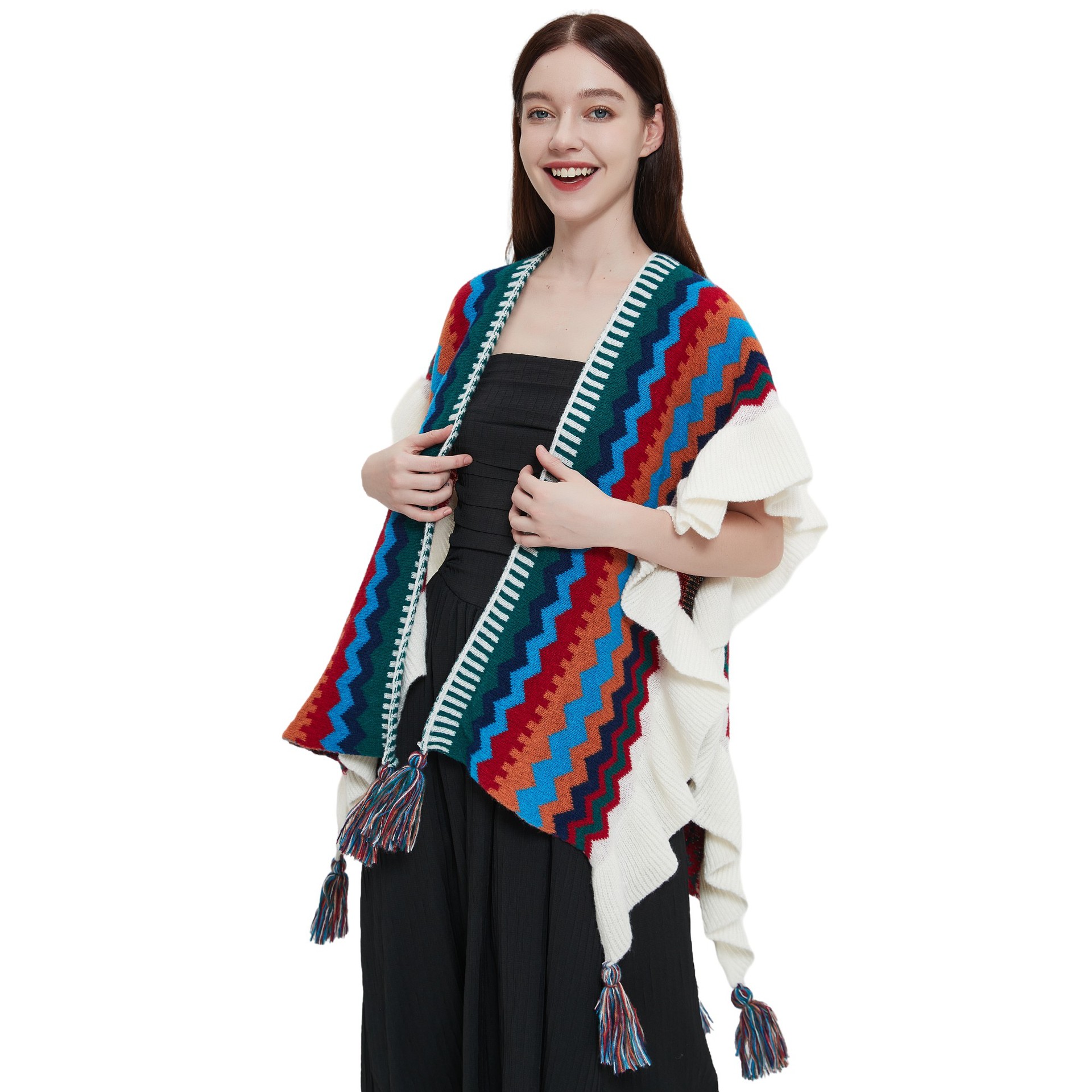 Unisex Spring and winter women's travel ethnic style ruffled knit cape_viptrois.com