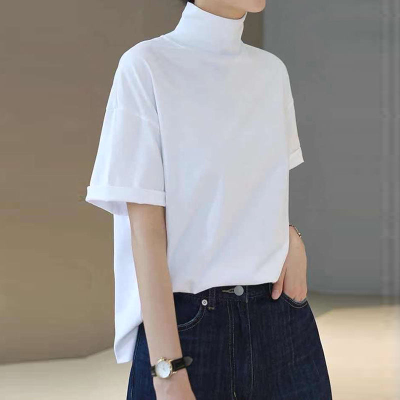Niche design half turtleneck T-shirt artistic style men's and women's loose short sleeve ins Western style mid collar T-shirt skin-friendly comfortable
