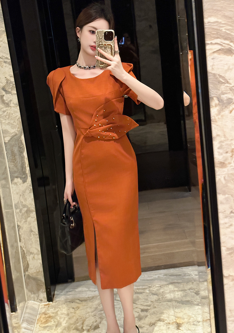 Đầm nữ mùa hè phong cách Pháp tay phồng ôm eo xẻ tà — Màu cam cháy chi tiết 5