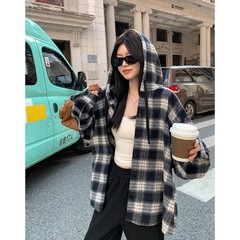 美式复古格子连帽衬衫外套春秋季新款2025中长款宽松长袖休闲上衣