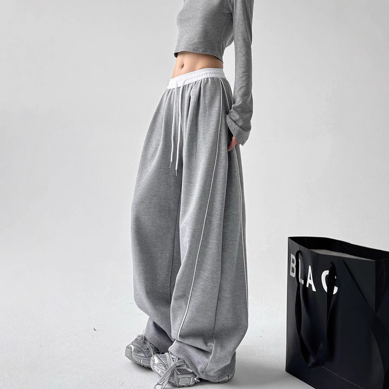 Drawstring Sports Casual Pants for Women 2024 Autumn New Style Splicing Slimming Wide-Leg Pants Straight Versatile Loose Floor-Length Pants Drawstring Sports Casual Pants for Women 2024 Autumn New Style Splicing Slimming Wide-Leg Pants Straight Versatile Loose Floor-Length Pants
