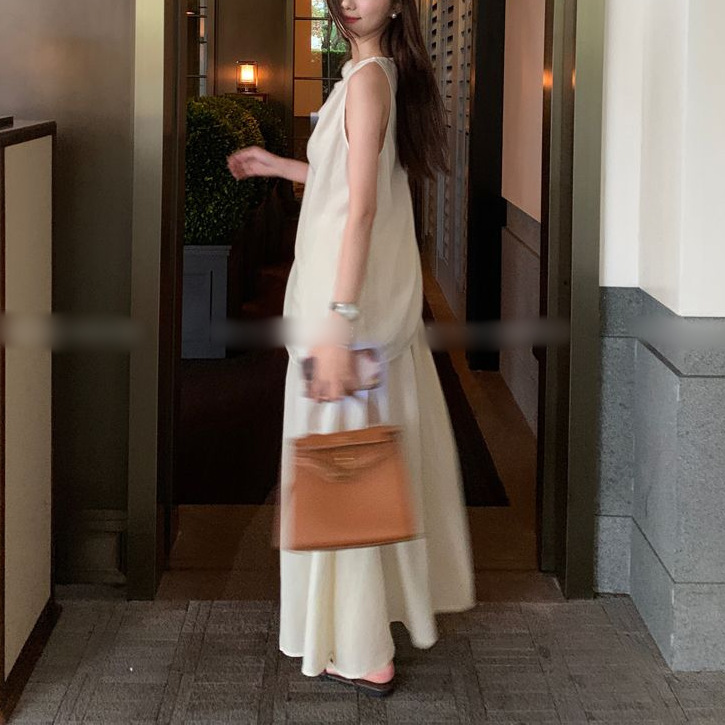 清冷文艺韩系新款套装不对称扭结吊带背心+松弛感压褶大摆半身裙|undefined