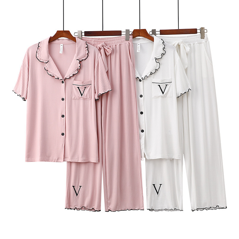 Foreign trade Europe and the United States wind 8*5 wide pit modal pajamas women's spring summer autumn cardigan lapel short sleeve pants home clothes