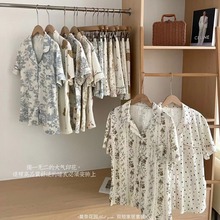 团购莫奈花园短裤短袖女士家居服套装夏季法式外穿舒适翻领睡衣女