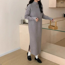 欧美跨境新款长款宽松慵懒风加厚针织毛衣裙侧开叉长袖叠穿长裙